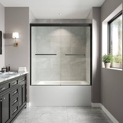 56-60" Sliding Tub Shower Door, 60" H Framed Bypass Glass Door, Matte Black