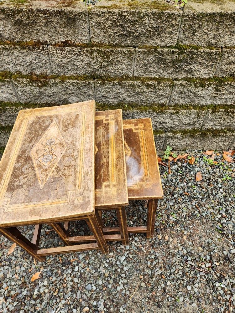 Early 20th century vintage antique wood stacking tables need work but beautiful