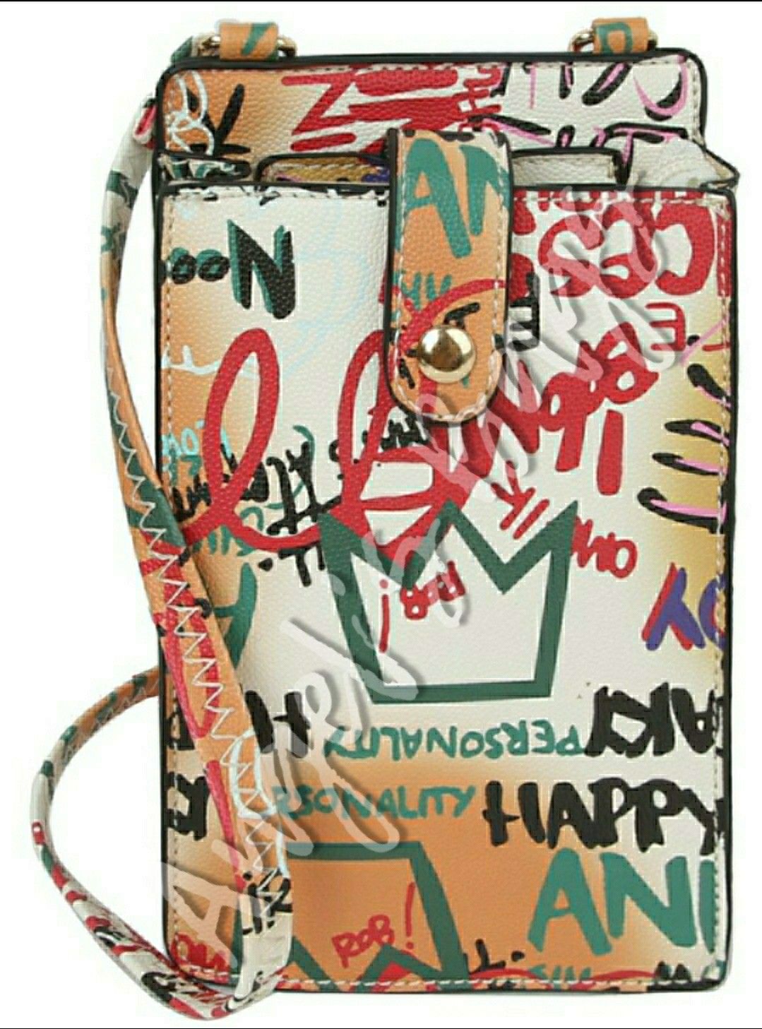 White Multi Graffiti Print Crossbody Bag Cell Phone Purse