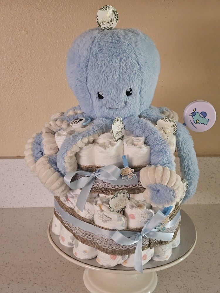 2 Tier Diaper Cake Oh Baby Blue Boy Baby Shower + 50 size 1 & 2 Diapers