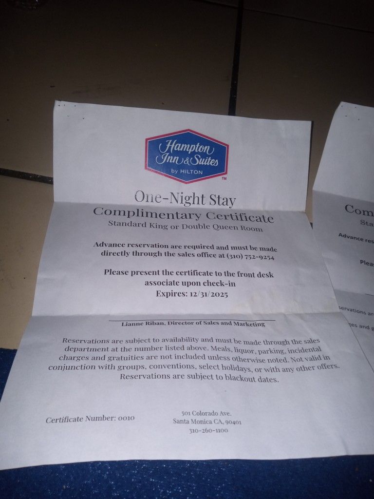 Complimentary Certificates To Santa Barbara At Hampton Inn And Suites By Hilton