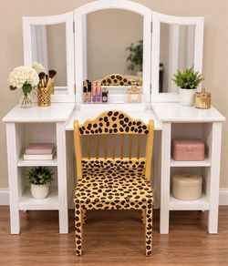 White kids Vanity Makeup Desk with Tri-Fold Mirror & Storage Shelves