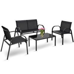 4 PCS Pätio Sët Söfa Cöffee Täble Stëel Främe Garden Dëck, Black Thumbnail