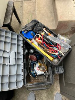 Tool box with circular saw, drill, etc