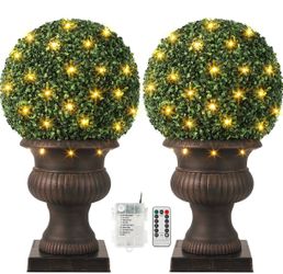 Brand new 16inch Pre-Lit Faux Boxwood Balls with Sturdy Pot Base,Artificial Topiary Trees 2 Pack for Outdoor,UV Resistant & Waterproof Fake Greenery P