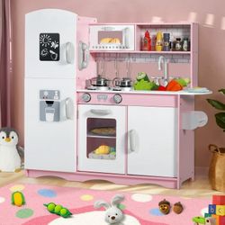 Kids Play Kitchen Set, Wood Kitchen Playset for Toddler with Kitchen Accessories, Pink