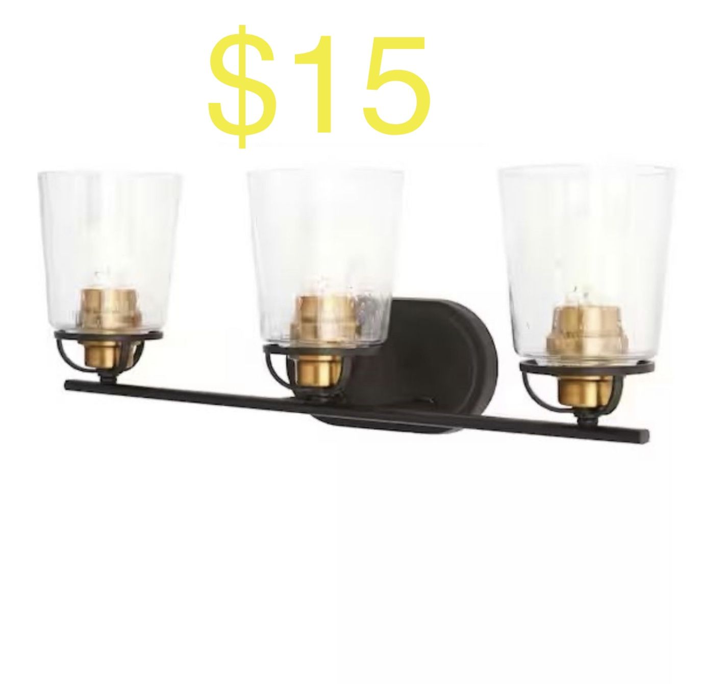 Home Decorators Collection Goddard 23.1825 in. 3-Light Bronze with Vintage Brass Industrial Bathroom Vanity Light Accents and Clear Seeded Glass
