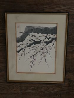 Vintage Japanese Sumi-e Plum Blossom Painting 22x18