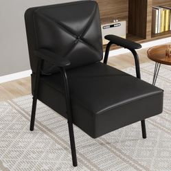 Black Faux Leather Mid Century Accent Chair With Padded Arm Tests **Set Of 2   BRAND NEW IN BOX Asking 150$ OBO