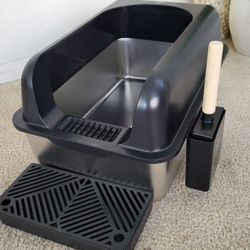 ✨Extra Large Black Stainless Steel Cat Litter Box with Lid - Anti-Leak 🐾 & Odor Free 🤢