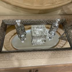 Antique Mirror Plate With Perfume Bottles And Picture Frame