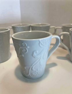 Corelle BELLA FAENZA Embossed Pattern White Coffee/Tea Mugs Set of 8