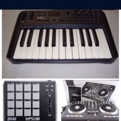 Oxygen 25 Midi Keyboard, Akai MPD 18 Controller, Numark Mixtrack DJ Controller