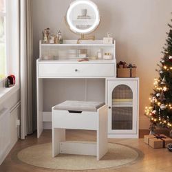 Vanity, Makeup Vanity Desk with Rotatable Mirror and Lights, White Make Up Vanity Table with 3 Adjustable Lighted and Chair, Makeu