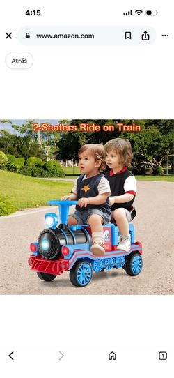 OLAKIDS 2-Seater Electric Toy Train for Kids, Trackless, 12V Battery Operated, with Train Whistle, Music, LED Lights, 2 Speeds, Soft Start, Gift for T