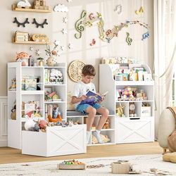 75” W Kids Bookshelf with Reading Nook, Large Toy Storage Toy Organizer with Seat Cushion and 2 Movable Drawers, Kids Reading Nook Kid Bench for Playr