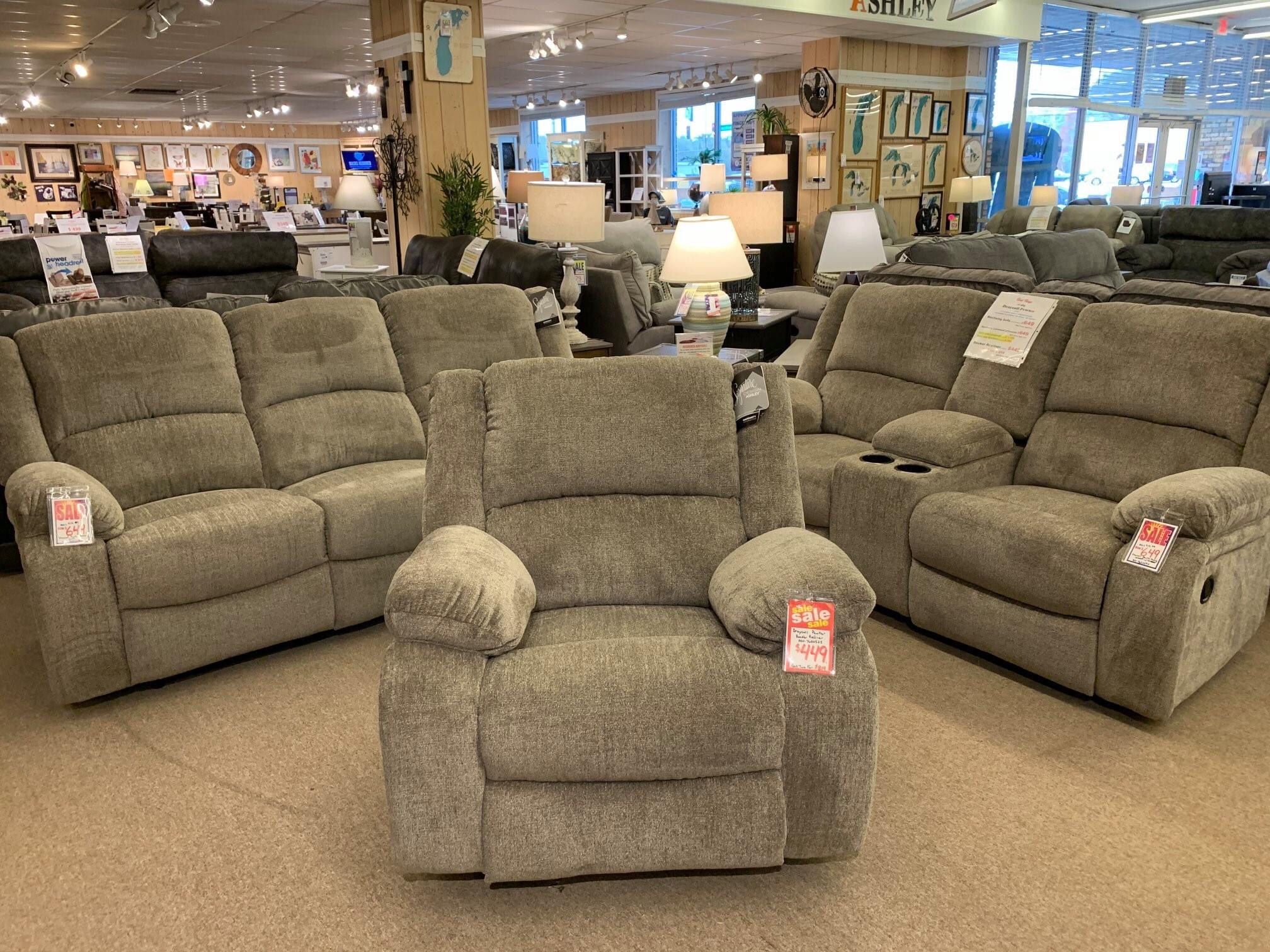 Draycoll Pewter Power Reclining Sofa ( $919) / Draycoll Pewter Reclining Loveseat with Console