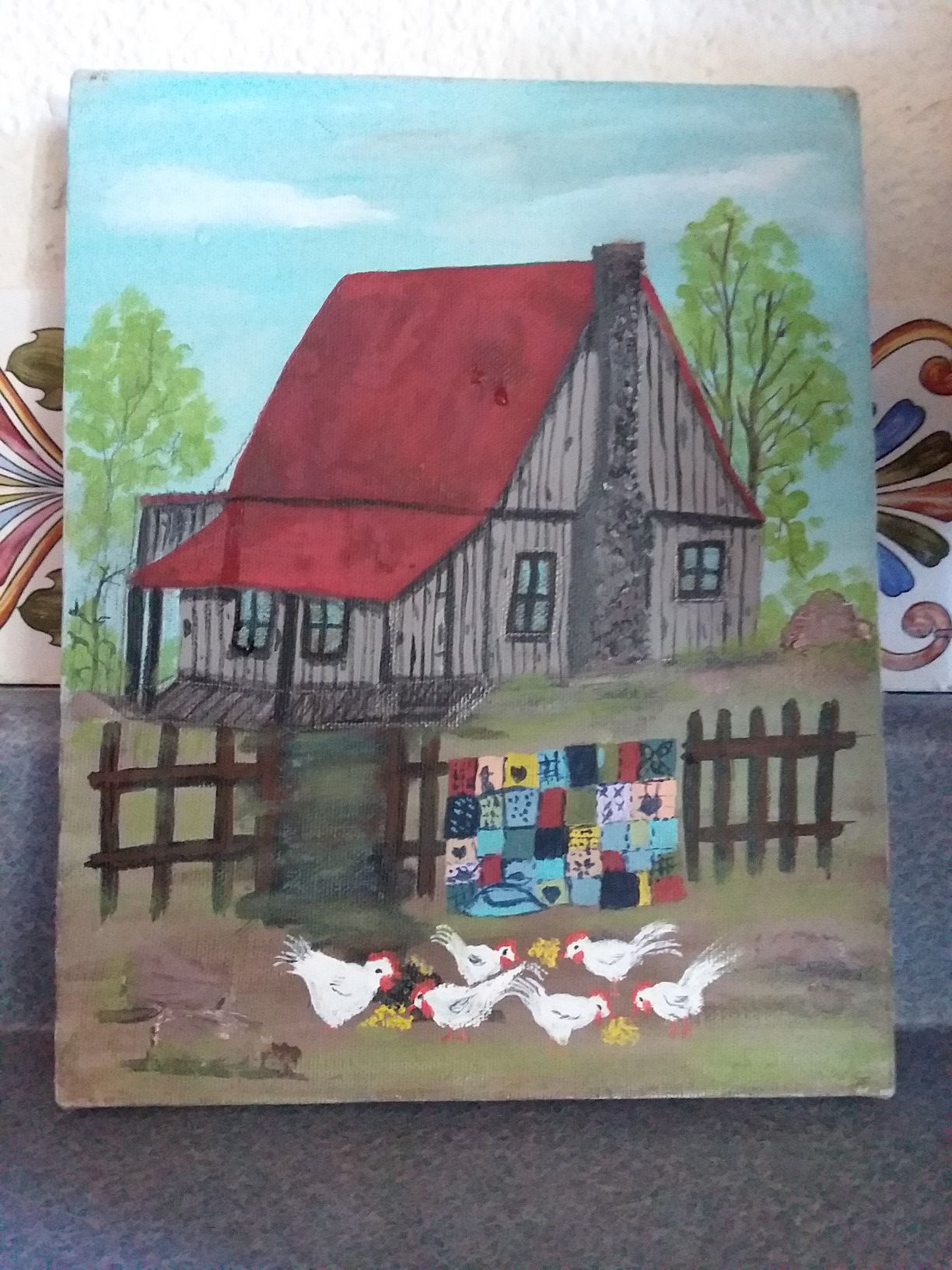 Canvas country picture with metal chicken vase.