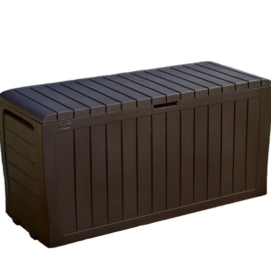 Keter Marvel Plus 71 Gallon Resin Outdoor Storage Box for Patio Furniture Cushions, Throw Pillows, Garden Tools and Pool Floats, Brown
