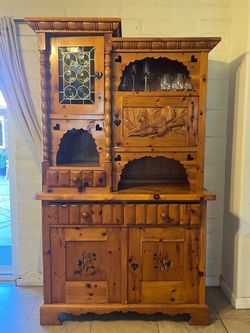 Rustic Pine Wood Carved Hutch Cabinet