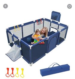 Baby Playpen Large Playpen for Babies and Toddlers, Sturdy Baby Ball Pit w/Basketball Hoop Soccer Net, Indoor Outdoor Children's Fence Play Pen Activi