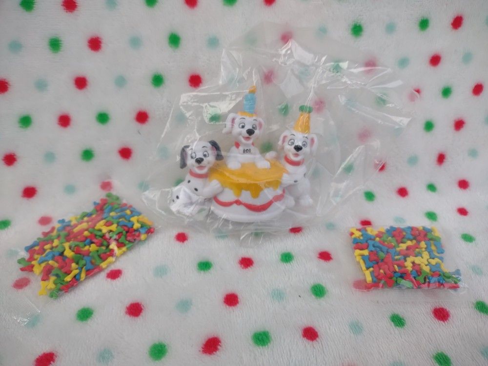 Vintage McDonalds 101 Dalmations Cake Topper Disney Toy three puppies on cake