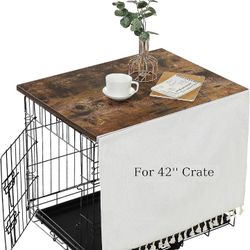 Dog Crate Topper Wood for 48 42 36 24 inch Cages, Dog Crate Table Topper with Tassel Curtain, Rustic Style Dog Kennel Topper, Rustic Brown(Dog Crate N