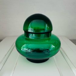 Vintage Emerald green Apothecary Glass Canister Jar with Lid  Approx 5” x 5”