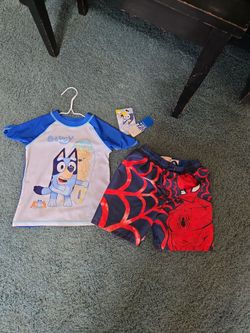 BRAND NEW BLUEY SWIM TOP SZ 3T, & MARVEL SPIDERMAN SWIM TRUNKS SZ 4T SEE DESCRIPTION
