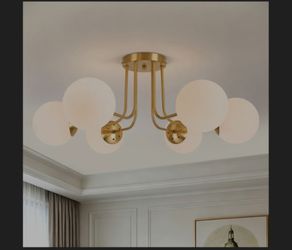KoKo&Yukina 6-Light Mid Century Ceiling Light Modern Semi Flush Mount Ceiling Light Fixture Globe Ceiling Light with Milk Glass Shade Brushed Brass Fi