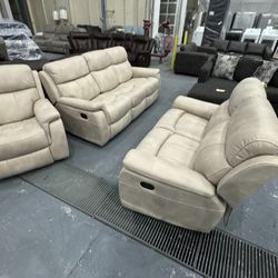 Reclining Cream Sofa, Loveseat, And Recliner Living Room Set 