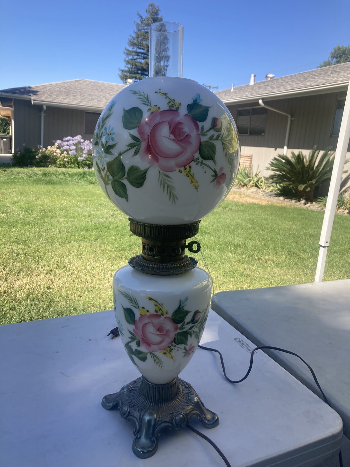 Tall Large Antique Hand Painted Hurricane Lamp