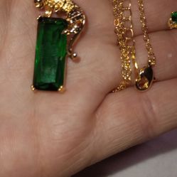 NWT Golden Necklace And Earring Set With Dark Green Faceted Stones; NWT