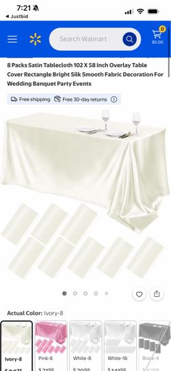 8 pack 102” x 58” White Satin Rectangular Tablecloths