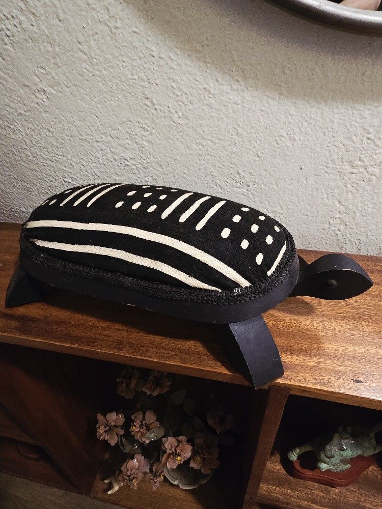 Small Wood Carved Turtle Upholstered Foot Stool