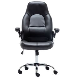Gaming Chair – Black Faux Leather, Flip-Up Arms, Lumbar Support, Halloween Party