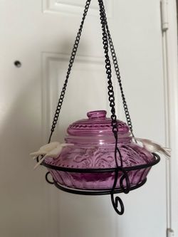 Pink Glass Hummingbird Feeder with Metal Hanger