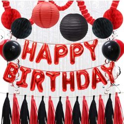 Red and Black Birthday Decorations for Women Men, Paper Lanterns Clover Garland Honeycomb Balls Hanging Swirls Foil Fringe Curtains Balloons for Girls