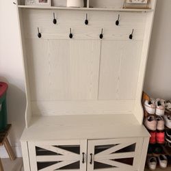 Entryway Hall Tree w/ Bench, Hooks & Storage – White Wood