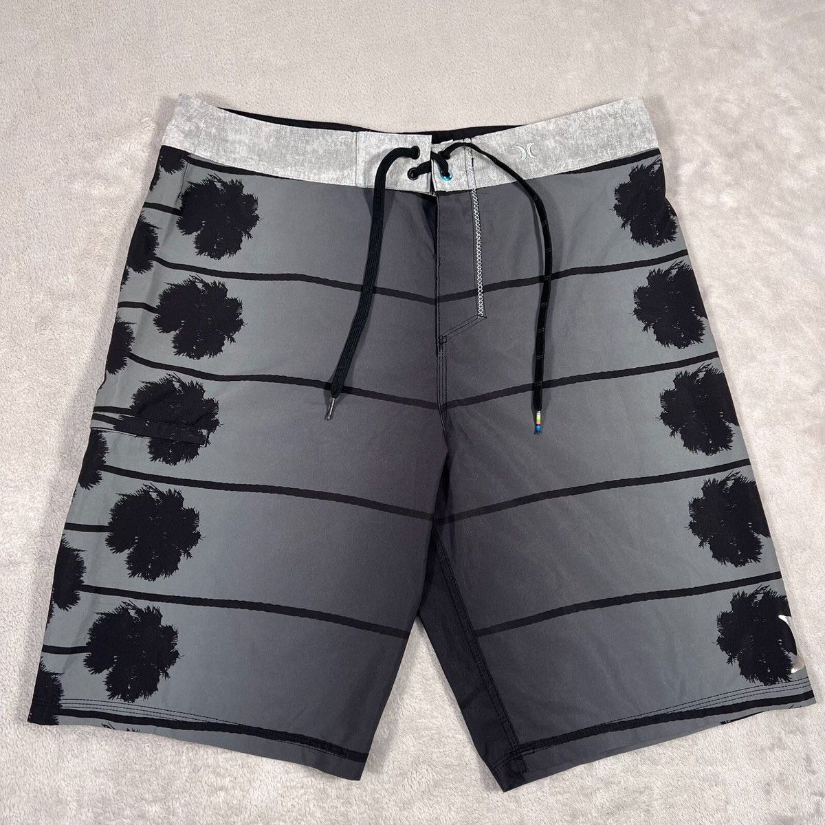 Hurley Board Shorts Mens 38 Waist Gray Palm Trees Quick Dry Active Lightweight
