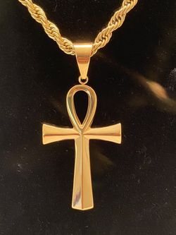 Large gold stainless steel Ankh pendant with large gold rope chain