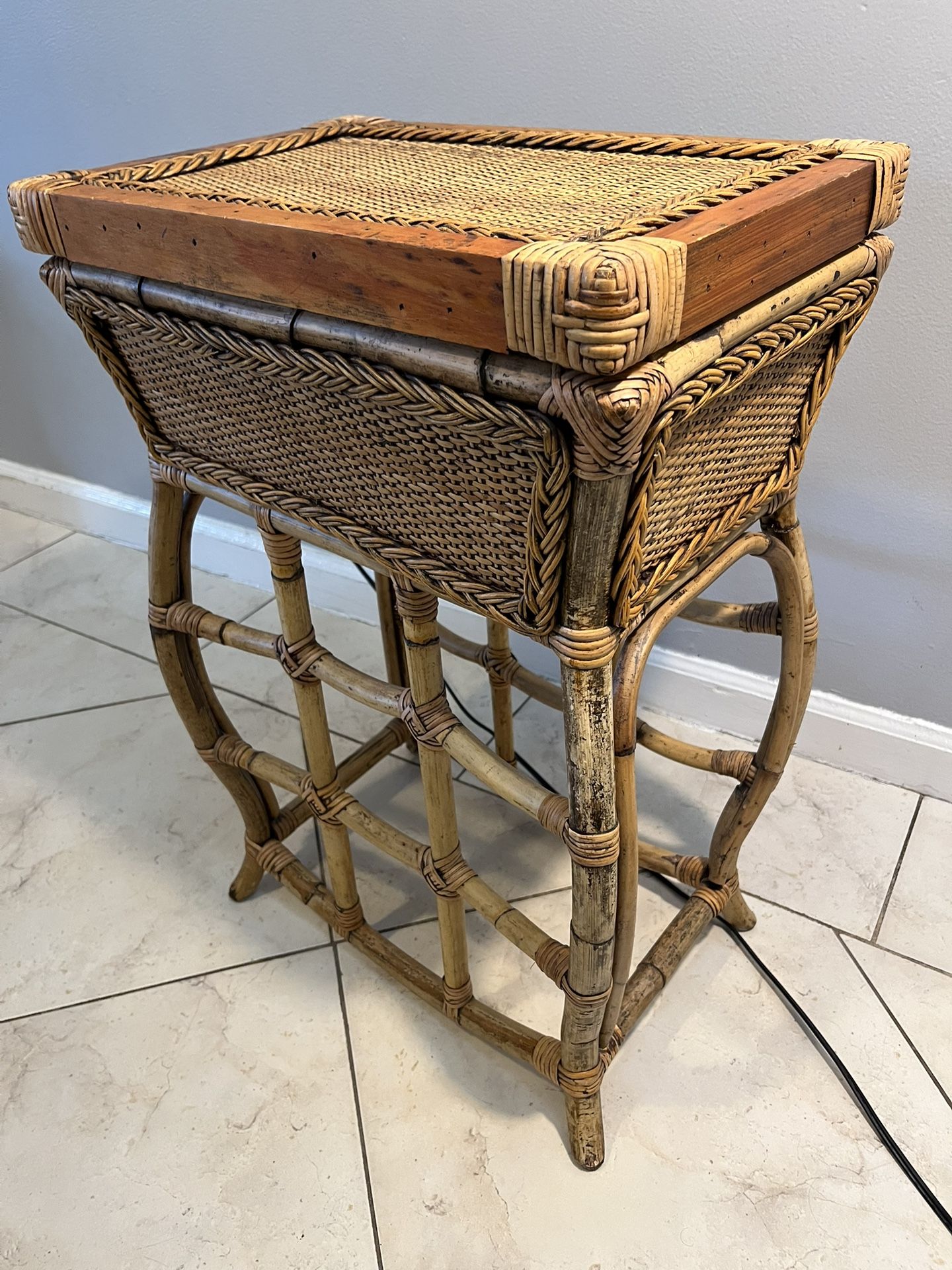 Vintage bamboo Rattan Accent Table With Built In Serving Tray