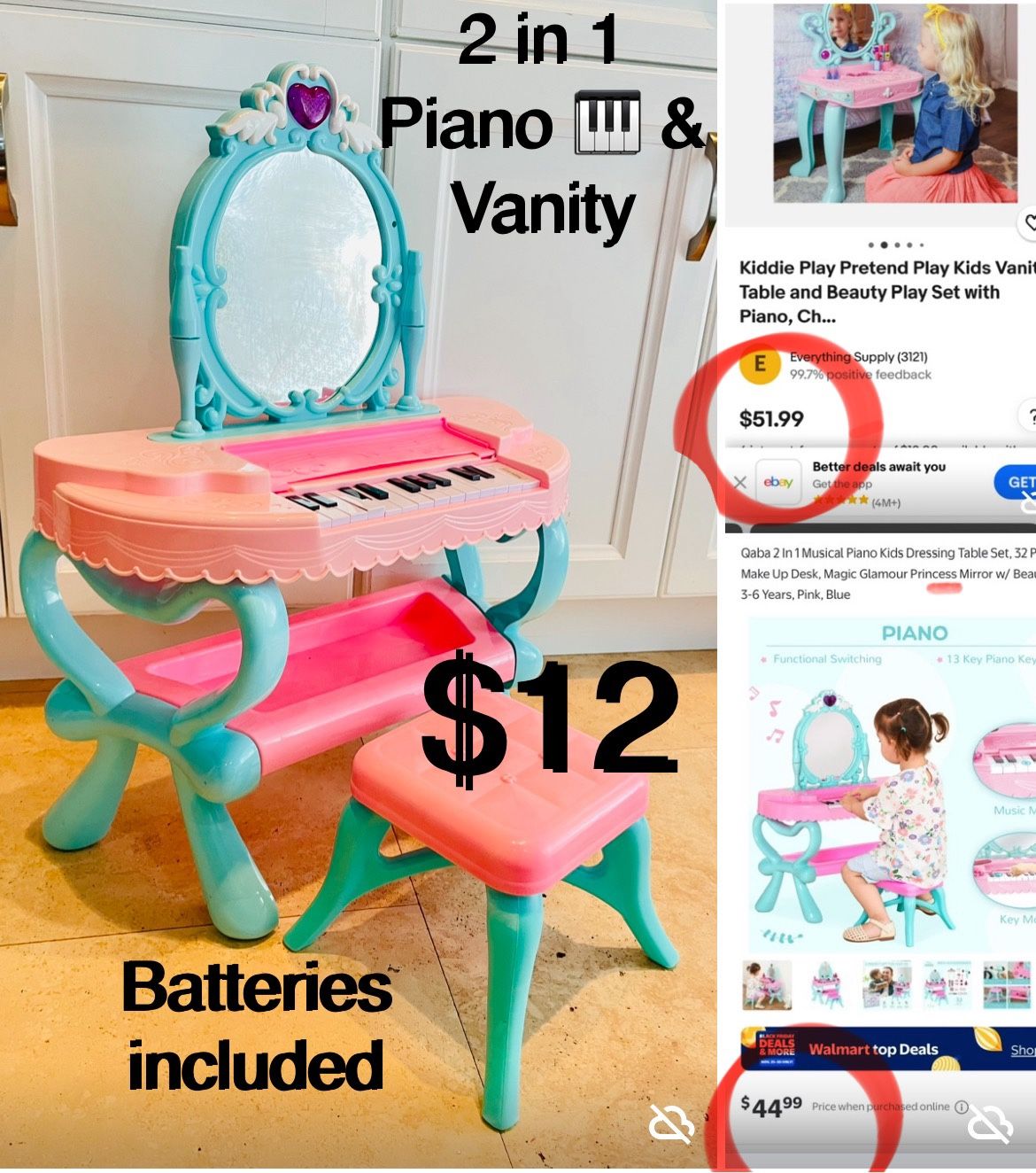 $12 Toddlers 2in 1 Vanity & Piano 🎹 with Seat play Song 🎵 & can use a keyboard