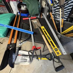 Lot of Various gardening landscaping household tools shovels rakes tarp 2 levels handsaw post hole digger Hoe start up your own home improvement compa