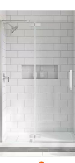 Delaney 46 1/4 in. - 48 in. W x 74 in. H Pivot Frameless Shower Door in Brushed Nickel Finish with Clear Glass