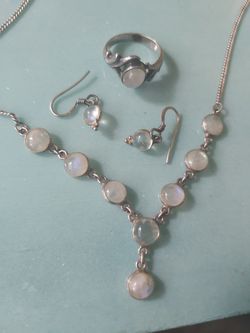 Sterling silver moonstone necklace earrings and ring