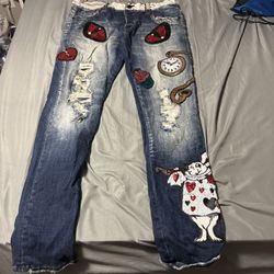Cast Iron Chester Cat Jeans 38/34 Button Fly LTD Art Alice Wonderland MSRP