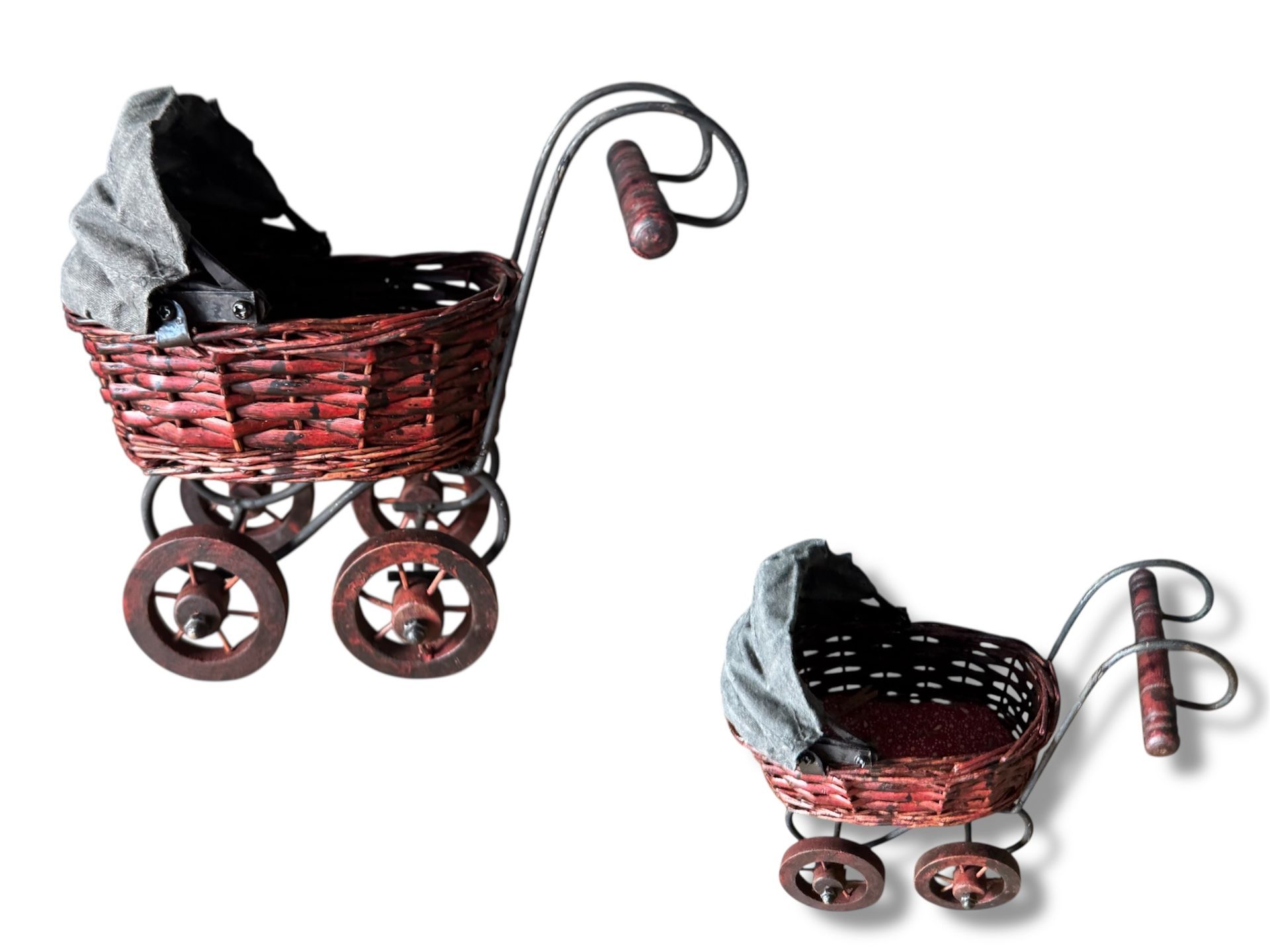 miniature, Victorian-style wicker baby doll carriages