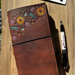 Trifold Handtooled Leather Travelers Notebook Standard Size