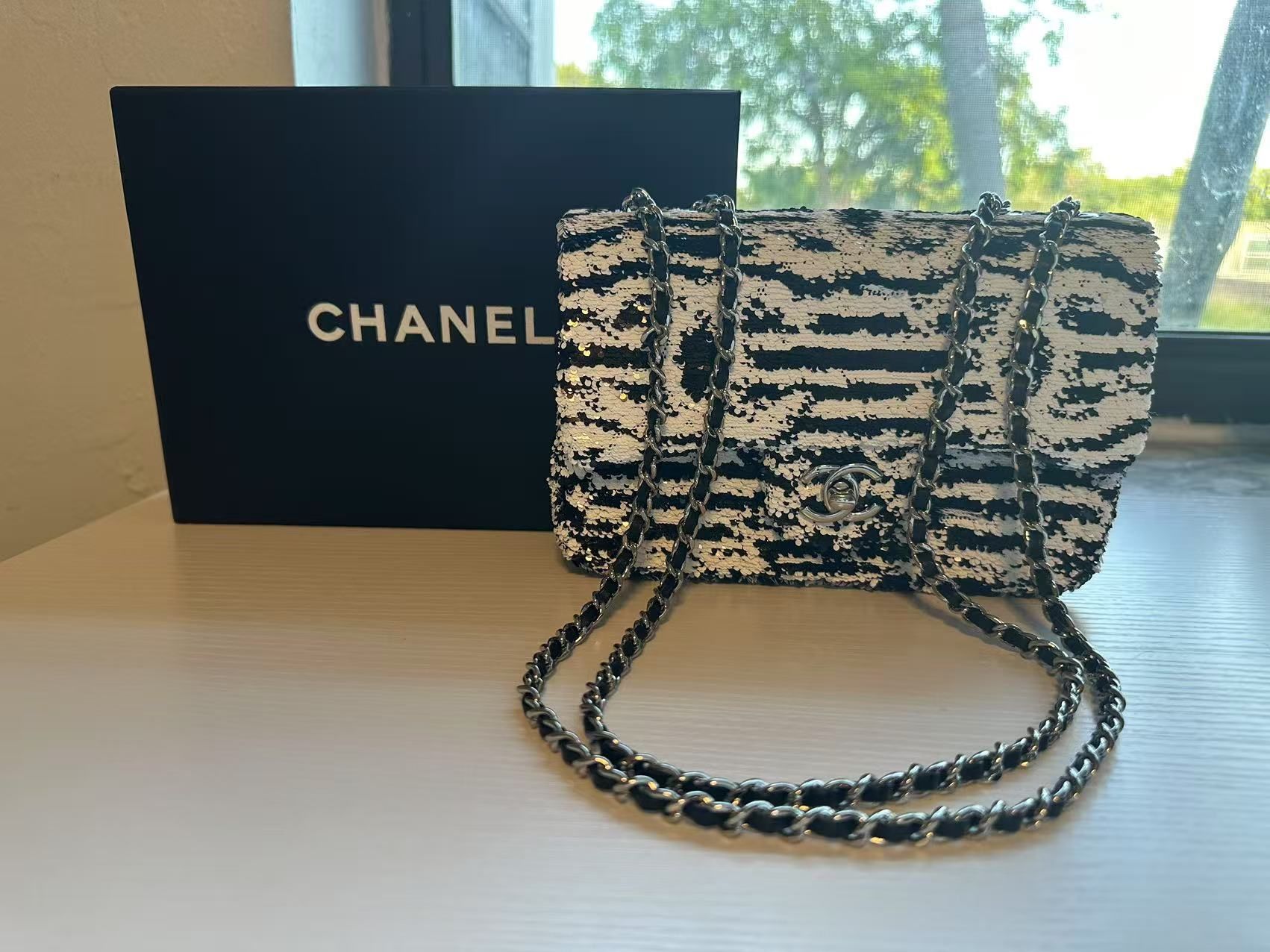 Black and White Sequin CC Logo and Black Lambskin 20cm Small Single Flap Bag Silver Hardware, 2024
